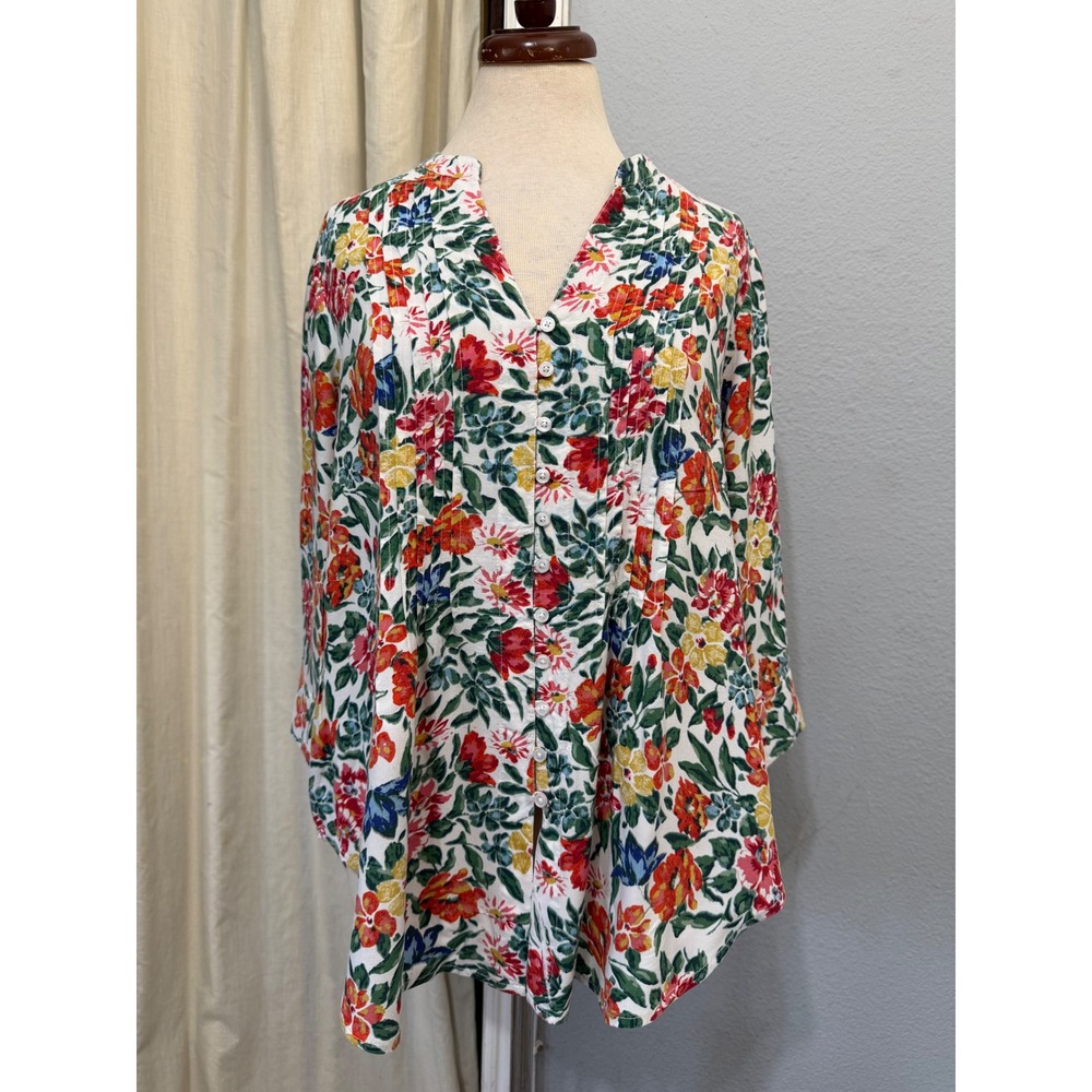Intro‎ Womens Size M Blouse Multicolor Floral Pintuck Pleat 3/4 Sleeve Rayon
